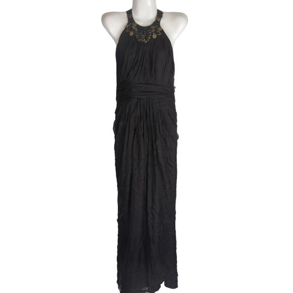 Badgley Mischka Womens Silk Beaded Halter Neck Maxi Evening Dress Black Sz 2 NWT